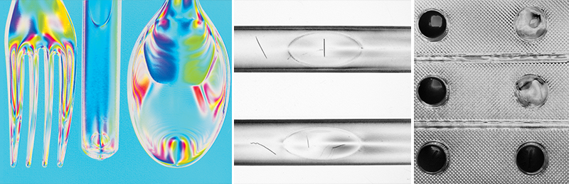 Bilder von DZK 33UX250: (links) Verwendung der AoLP-Verarbeitung der Polarisationsdaten und des HSV-Farbmappings zur Darstellung der Materialspannungen im Kunststoff. Bilder (mitte und rechts), die die DoLP-Verarbeitung der Polarisationsdaten verwenden, um Reflexionen zu reduzieren und den Kontrast für die Fehler- und Anwesenheitsinspektion zu verbessern.