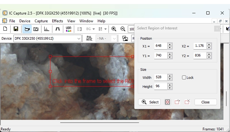 Screen capture: Setting a ROI in IC Capture