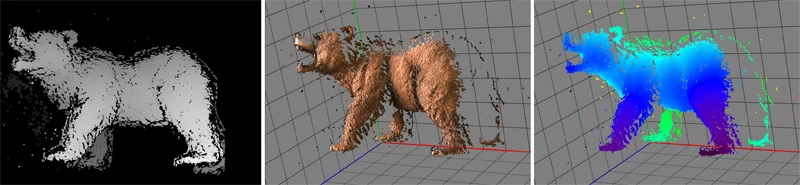 Visualisierungen der Disparitäts-Schätzung und der finalen Punktwolke mit einem SDK von The Imaging Source. Links ist die Disparitätskarte bezüglich der Referenzansicht zu sehen, in der Mitte die 3D-Ansicht der texturierten Punktwolke, und rechts die farbkodierte Punktwolke; die Farbkodierung gibt die Entfernung zur Kamera an.